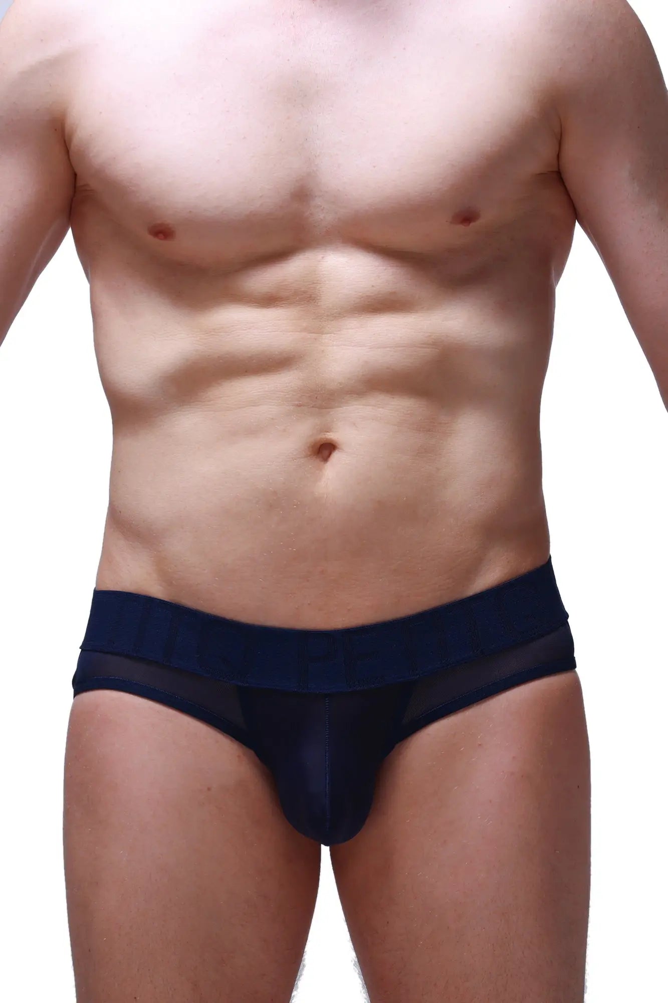 Navy blue petitq jockstrap mosset with mesh briefs and solid waistband shown from the back side
