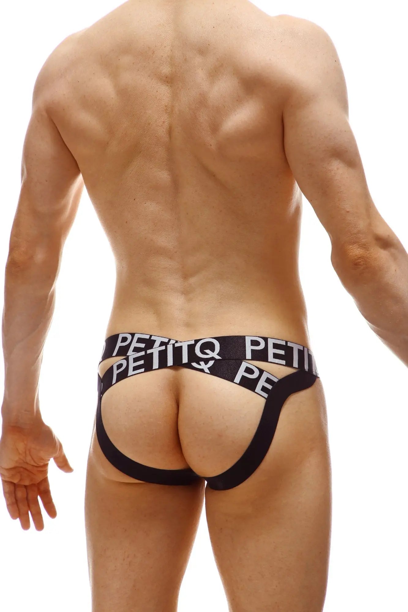 Black petitq branded briefs with white lettering and a distinctive cut from petitq jockstrap muron nuage collection