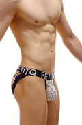 PetitQ jockstrap Muron Nuage with black elastic waistband and white pouch featuring cartoon animal pattern