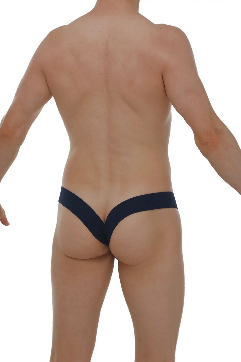 Back view of petitq jockstrap muy plum navy blue thong with v-shaped cutout made from soft fabric