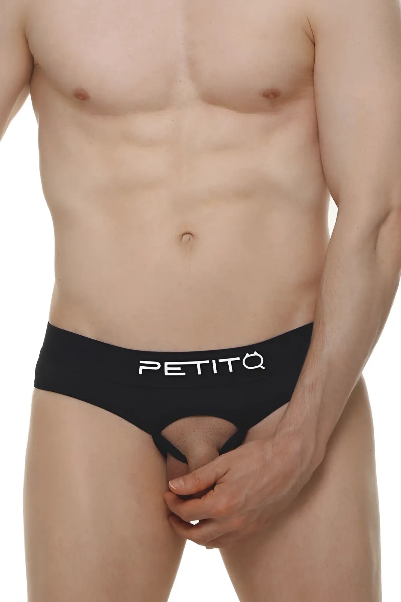 Black petitq jockstrap open skine brief with central cutout and white logo waistband for men