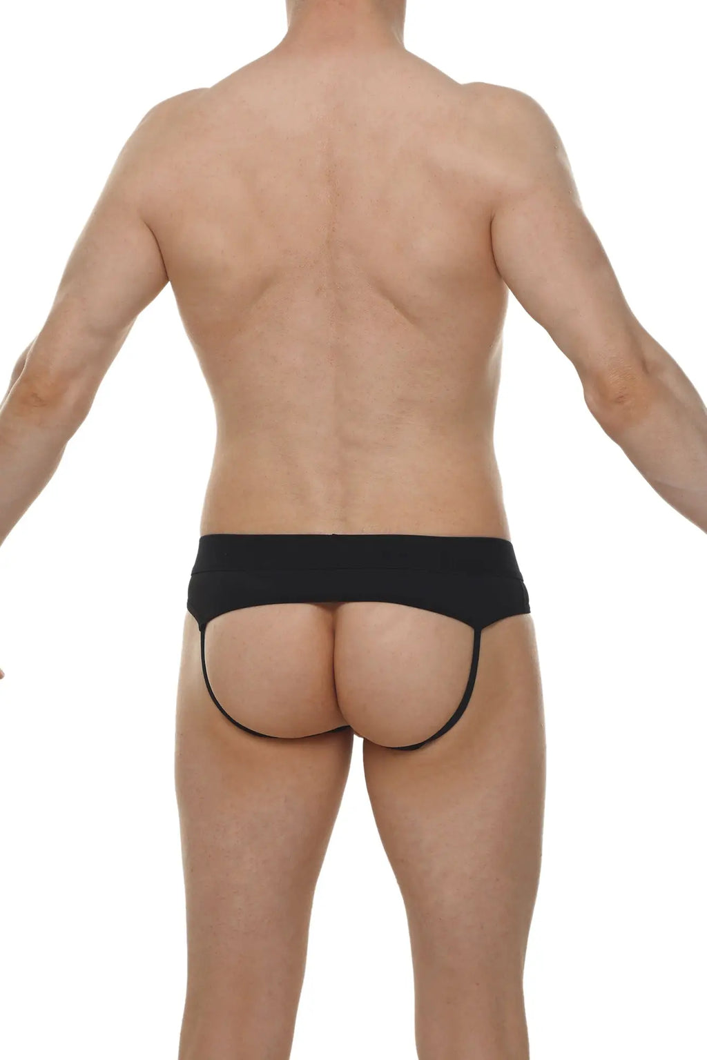 Black form-fitting jockstrap open skine briefs with narrow waistband and thin leg straps showing front side