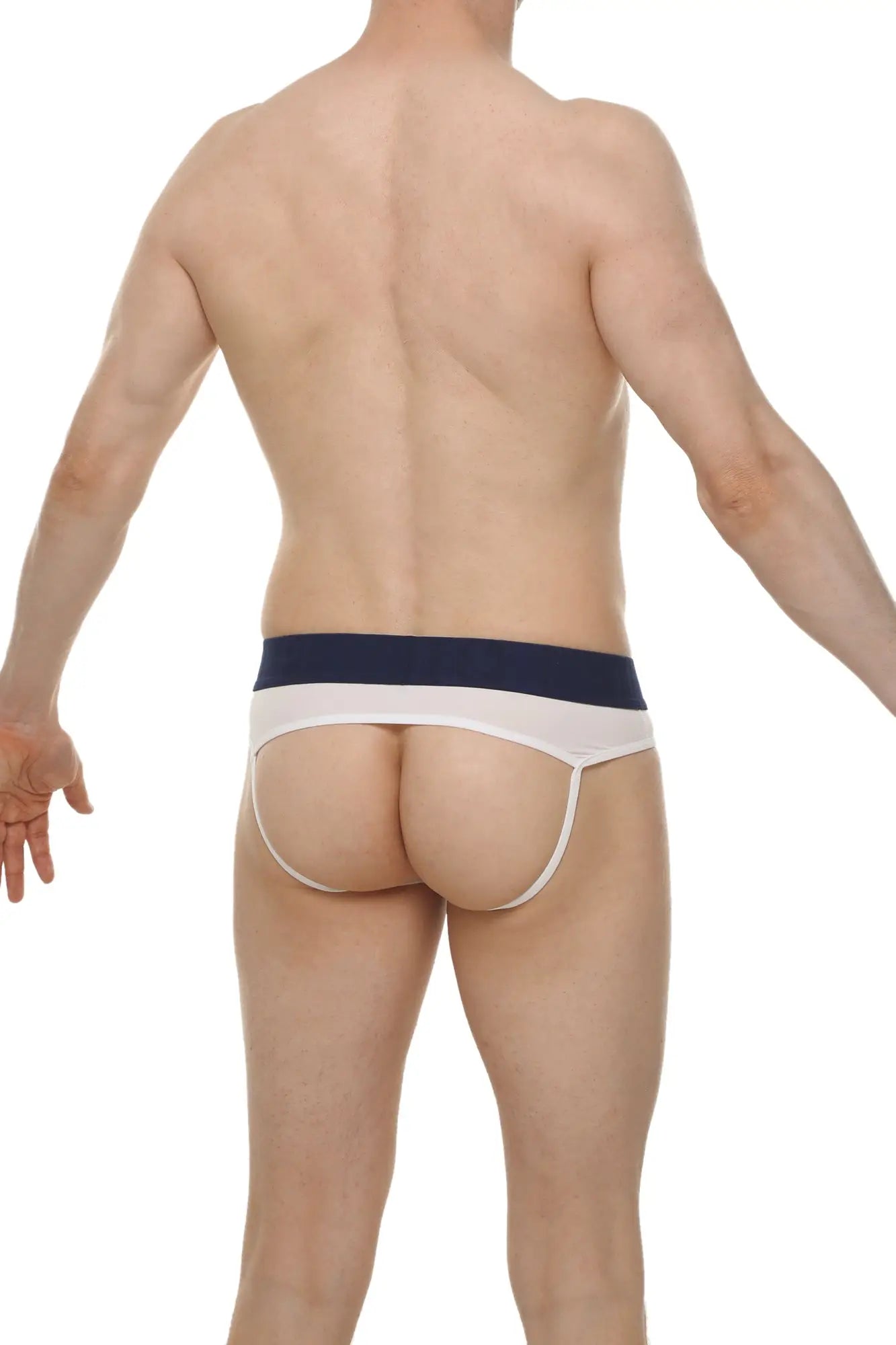 White and navy blue jockstrap briefs with a narrow waistband in open skine white showing front view
