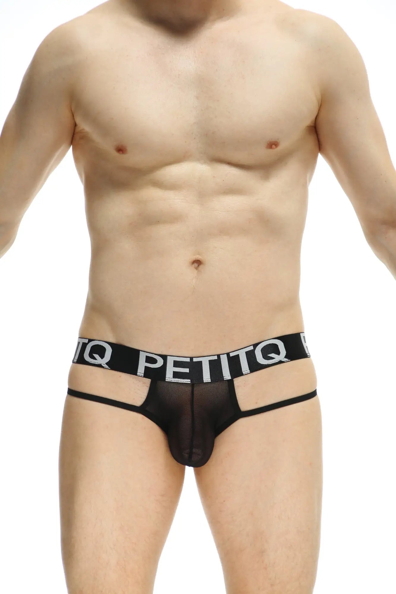 Petitq jockstrap osmoy net black mesh briefs with bold black waistband and white petitq logo lettering