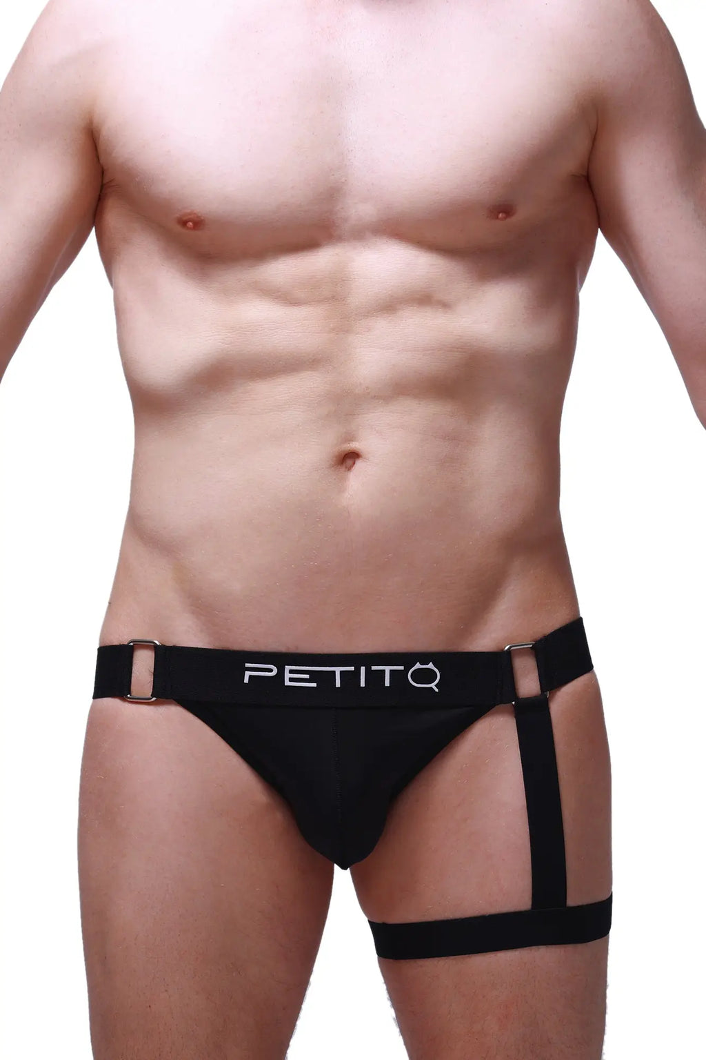 Black PetitQ jockstrap briefs with harness-style design and metallic buckle accents for stylish support