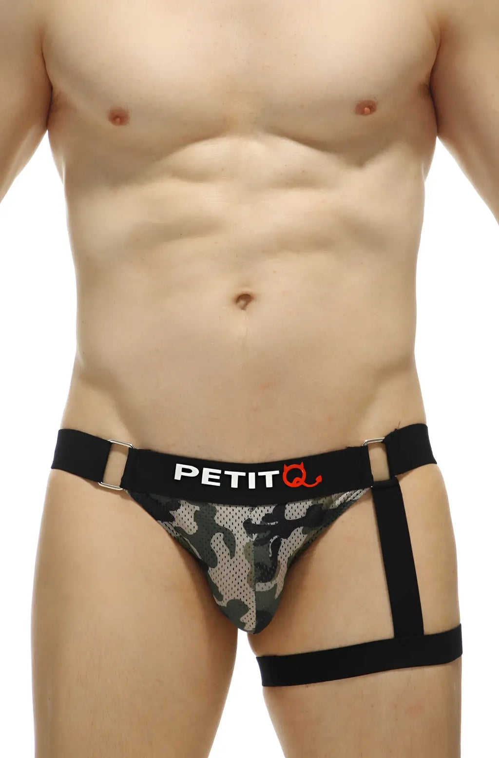 Petitq jockstrap prenay camo mesh black and green camouflage mesh briefs with black elastic straps front view