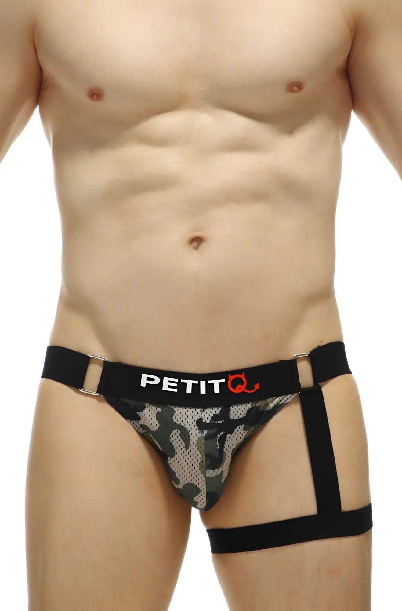 Petitq jockstrap prenay camo mesh black and green camouflage mesh briefs with black elastic straps front view