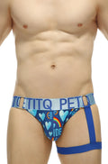 Blue patterned men’s briefs with heart and rainbow designs and light blue petitq waistband for pride wear