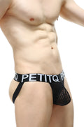 Black mesh briefs with bold white petitq logo band from the petitq jockstrap protruder durtol collection