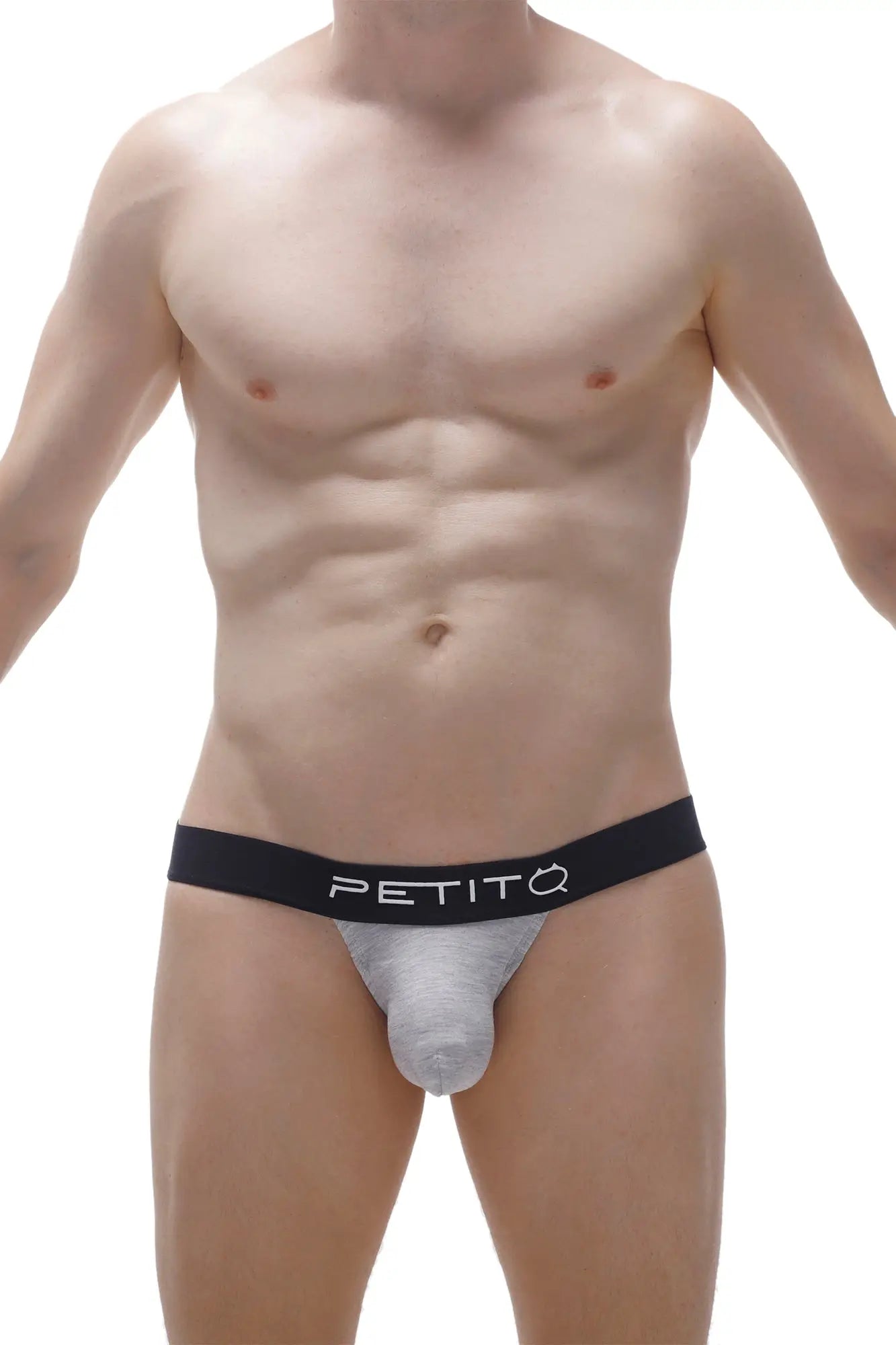 Gray petitq jockstrap with black waistband featuring petitq logo designed for comfortable support