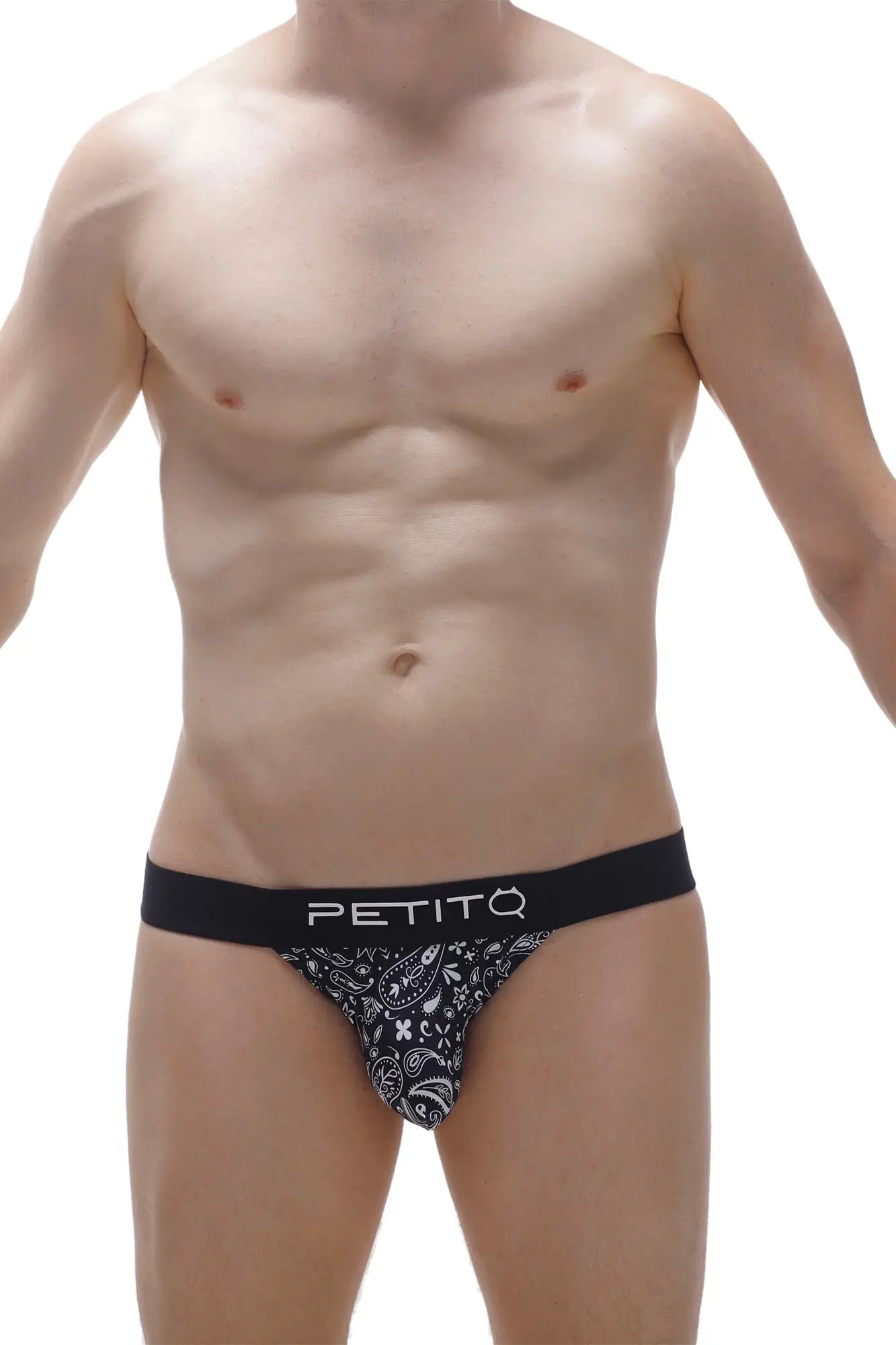 PetitQ jockstring Ardrier Bandana black in black and white paisley patterned briefs with a solid black waistband