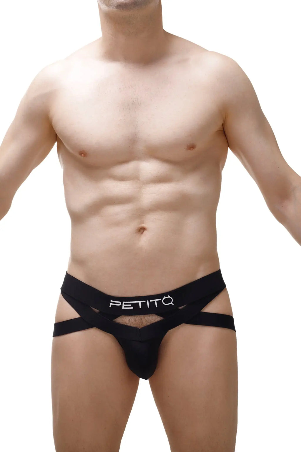 Black PetitQ Beast 2023 men’s briefs with crisscross design showcasing back side of jockstring style underwear