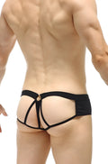 Back side of petitq jockstring brioux noir black lace trimmed briefs with central circular metal ring