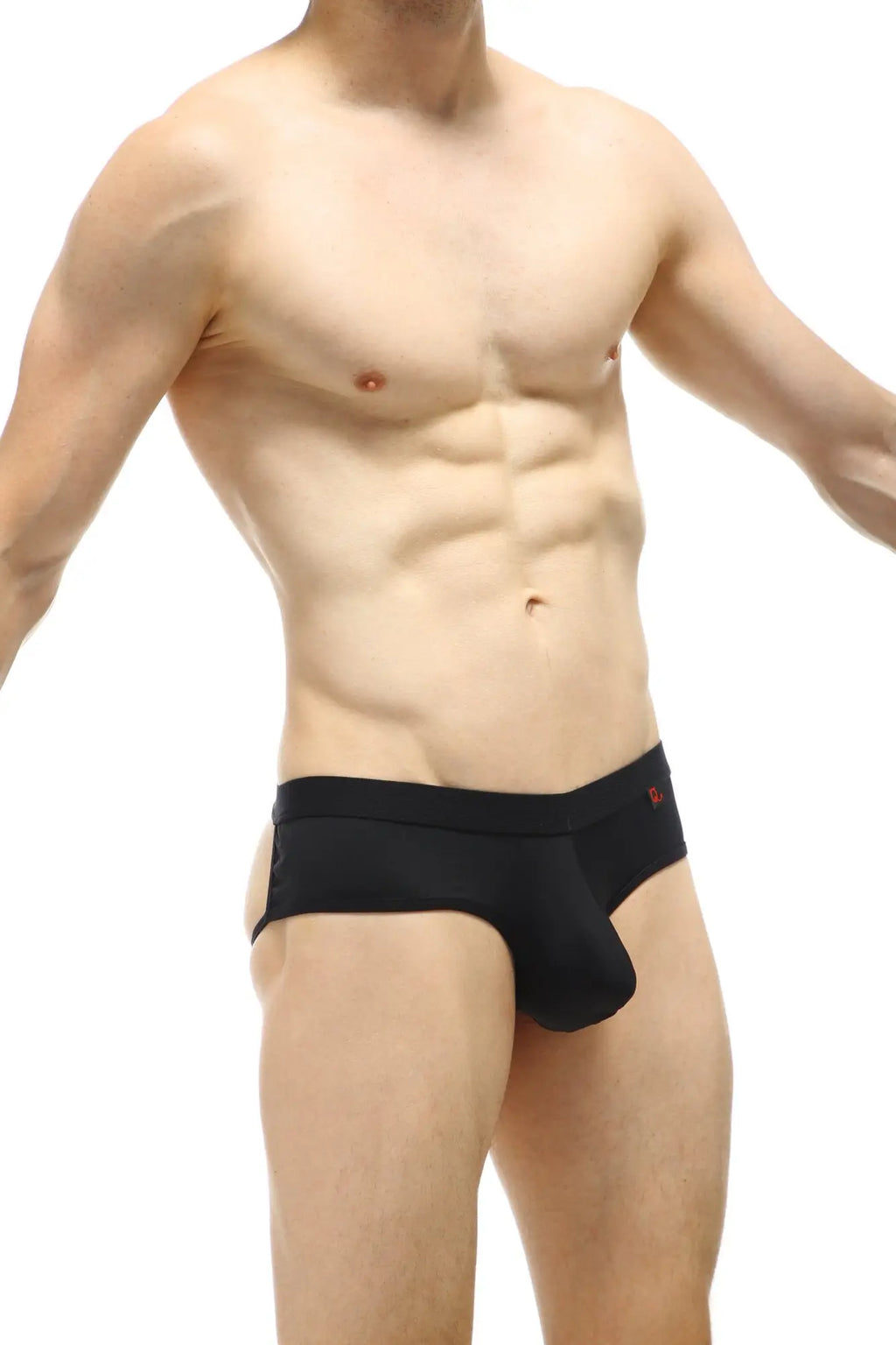 Petitq jockstring brioux noir black men’s briefs with snug fit and small red logo on waistband front view