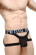 Black mesh and elastic briefs with bold petitq logo band from petitq jockstring luhr net black collection