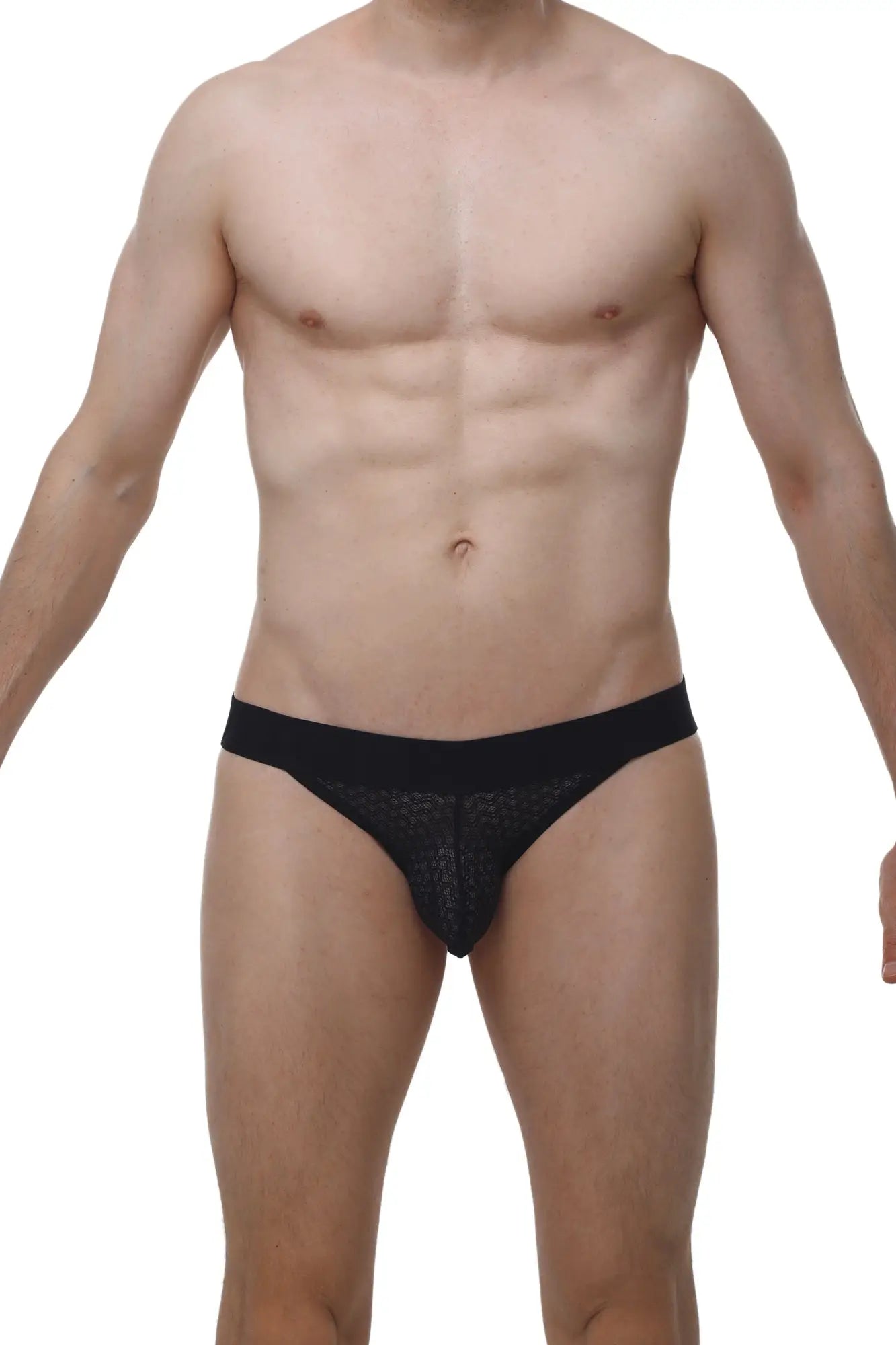 PetitQ jockstring macra black lace-trimmed briefs with sheer textured fabric and solid waistband front view
