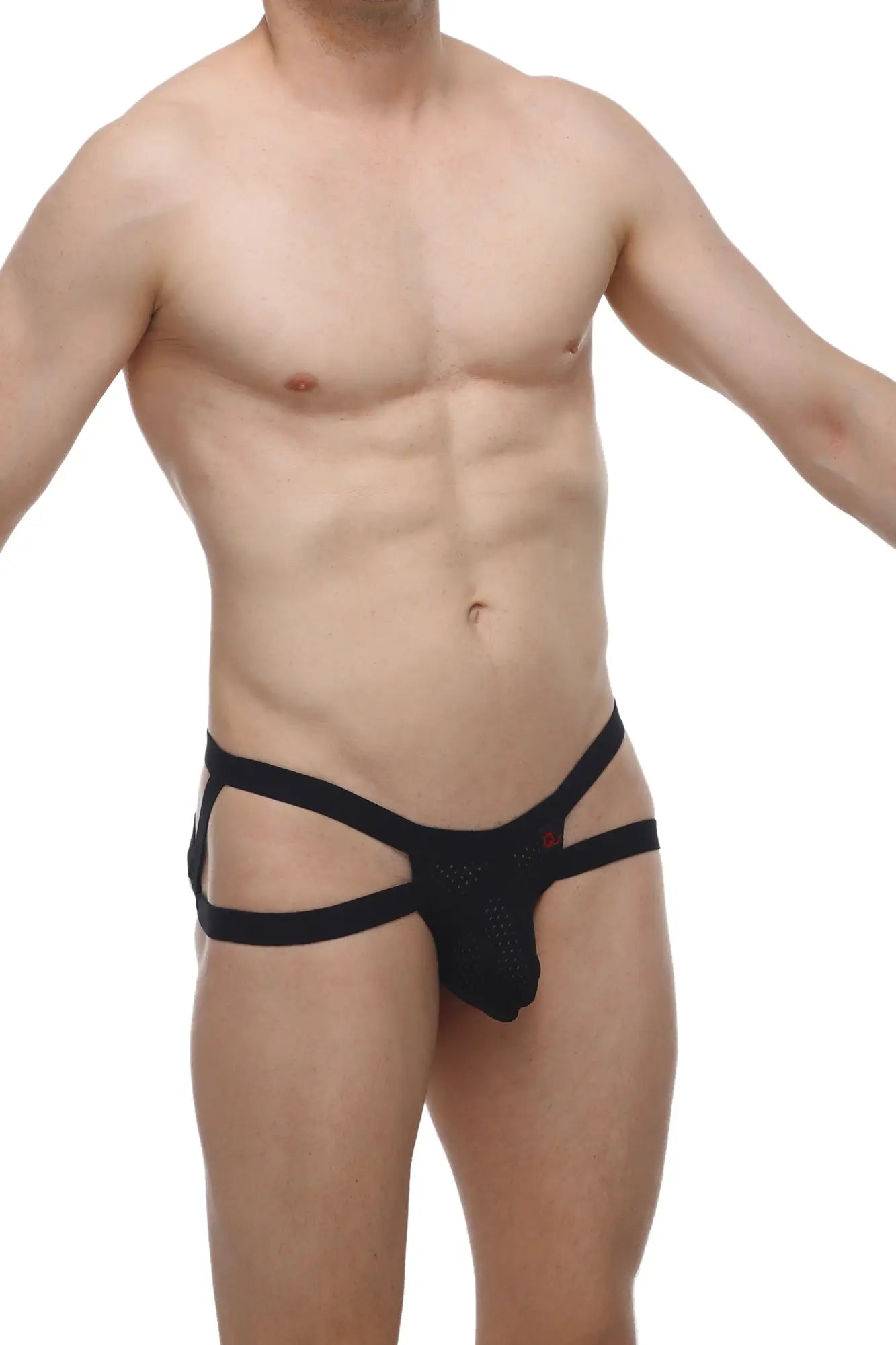 Black mesh petitq jockstring marcq bee briefs with crisscross straps and small red logo on the side