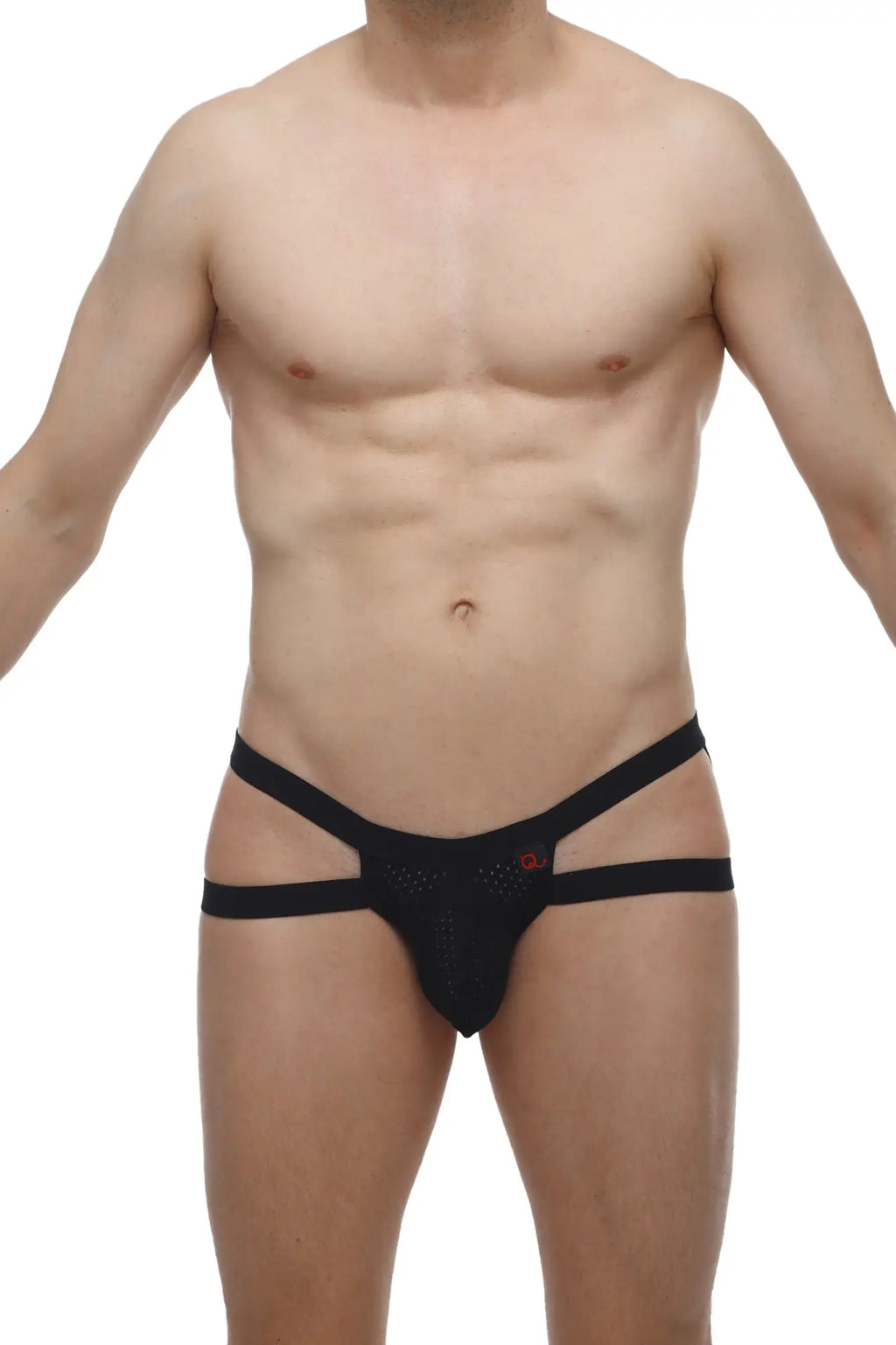 Black mesh petitq jockstring marcq bee briefs with three horizontal straps and small red logo on front