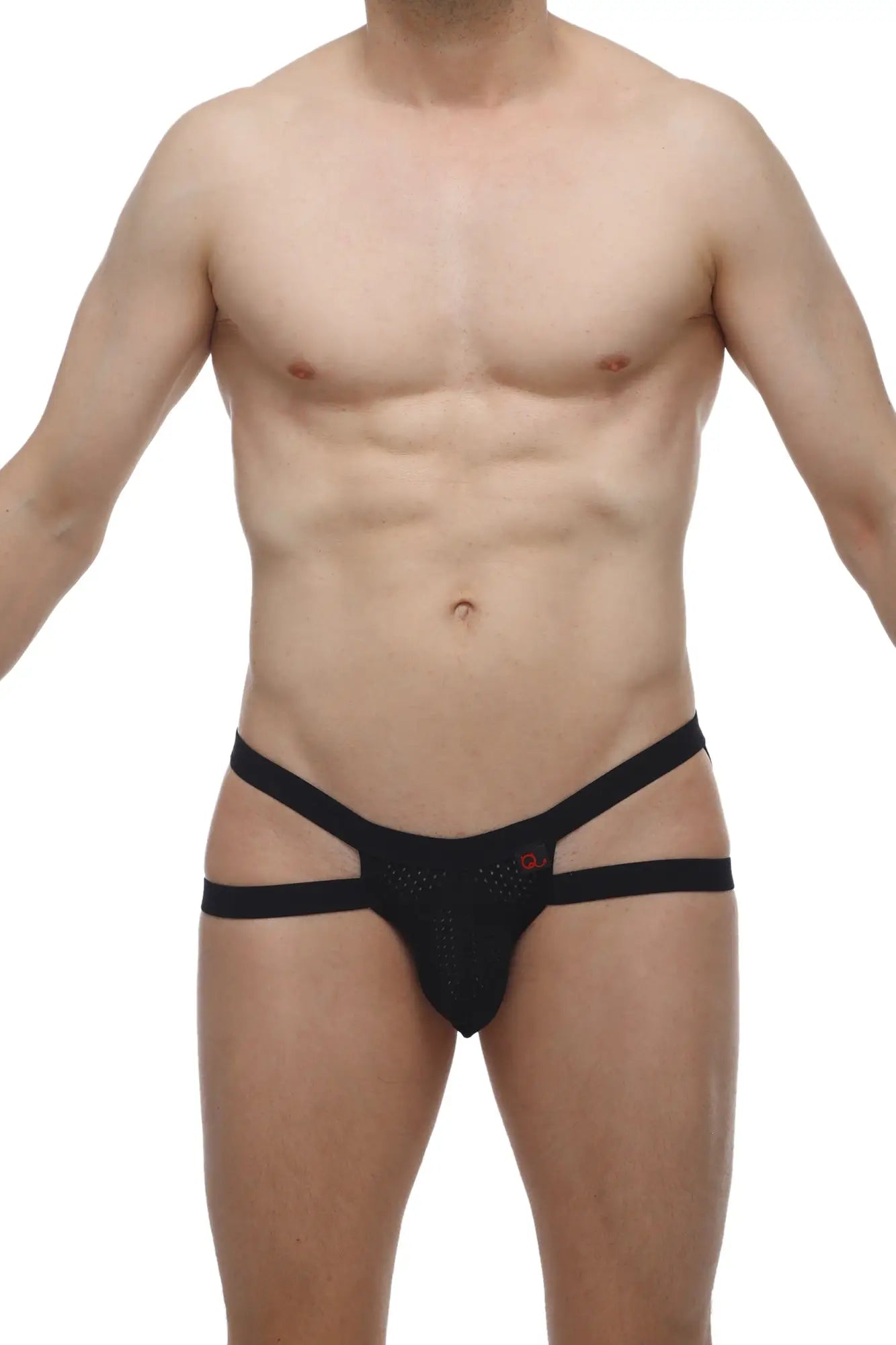 Black mesh petitq jockstring marcq bee briefs with three horizontal straps and small red logo on front