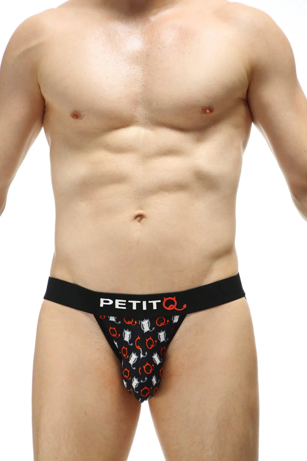Black petitq jockstring millesime briefs with playful white and red cartoon cat pattern for men