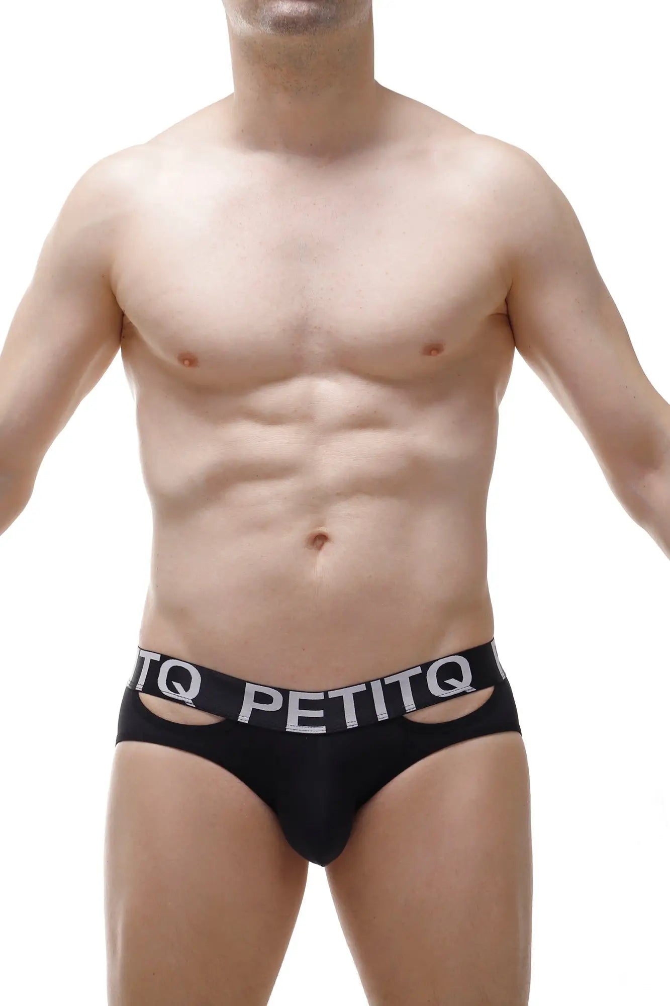 Black petitq men’s briefs with white logo band and cutout details made from Econyl material for comfortable wear