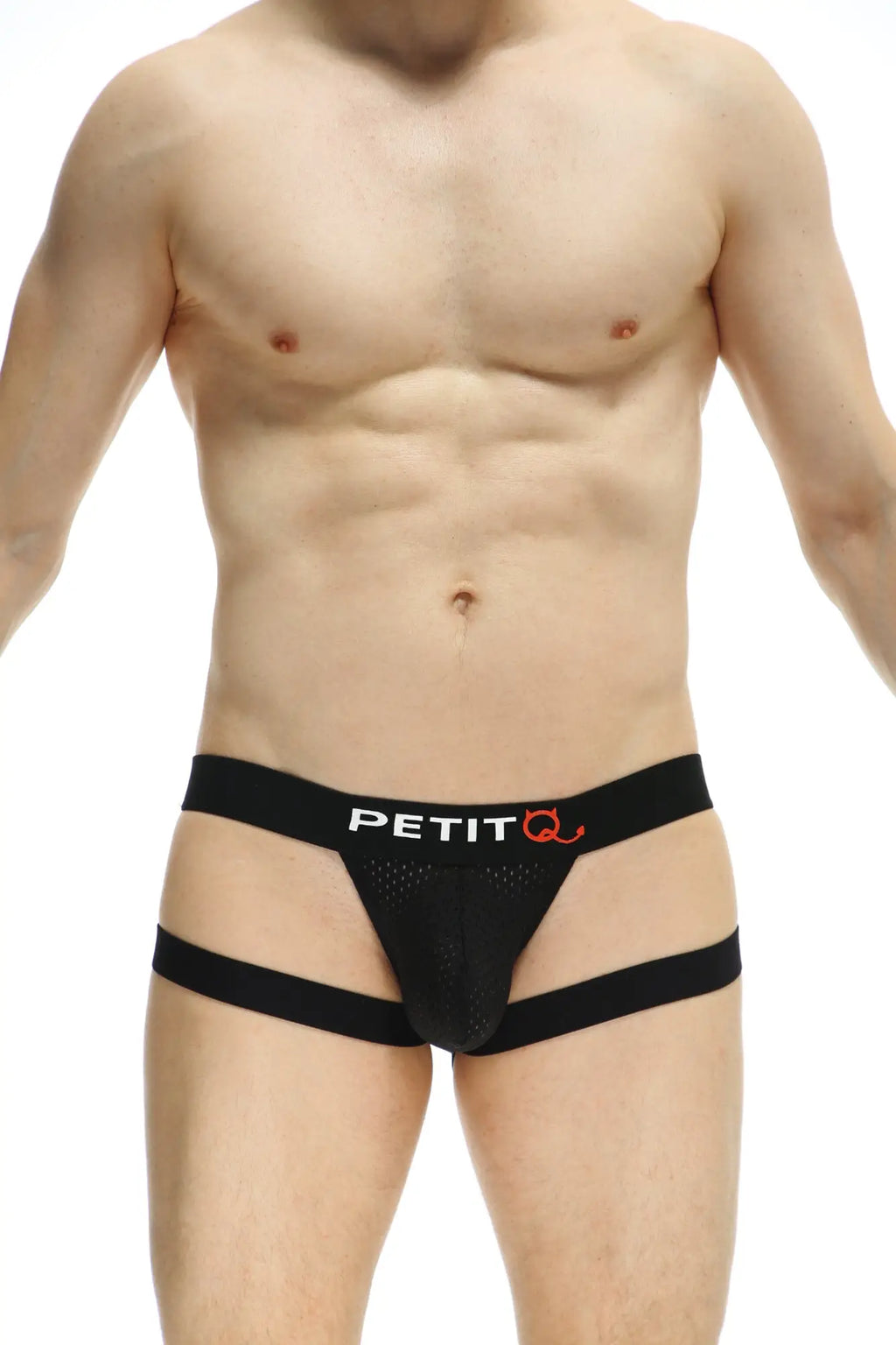 Black petit q jockstring men’s briefs with mesh front and side straps in seyre bee design