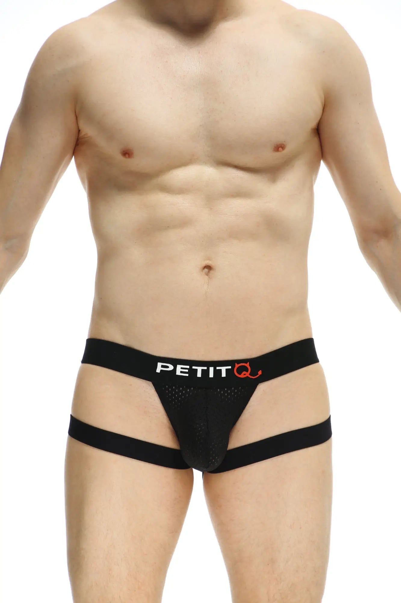 Black petit q jockstring men’s briefs with mesh front and side straps in seyre bee design