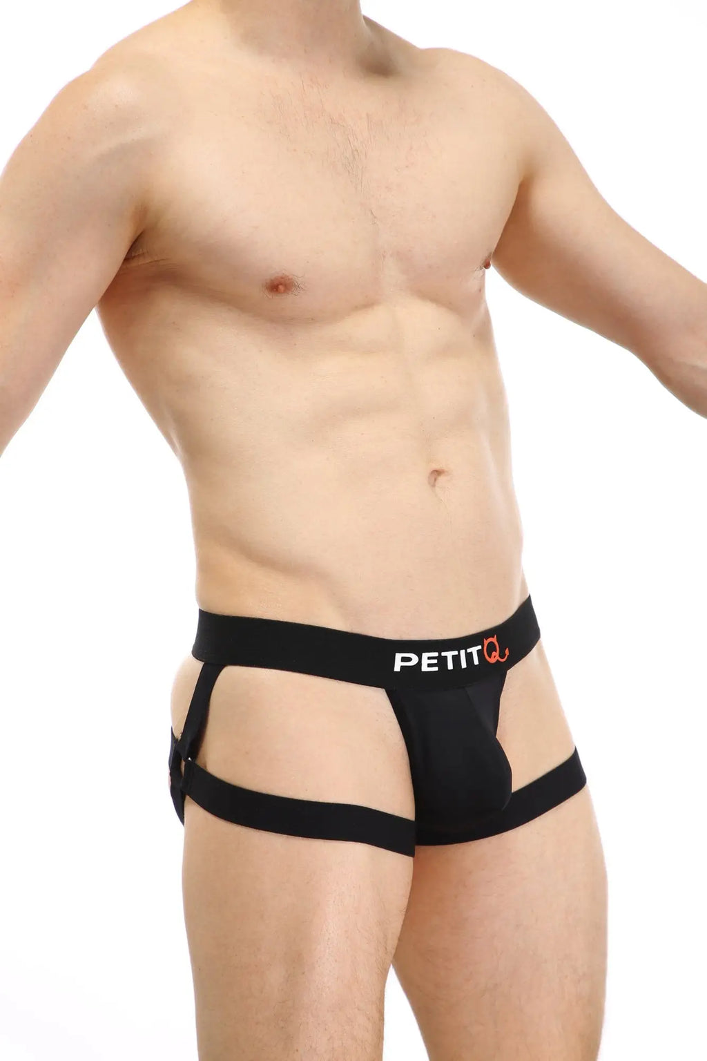 Black petitq jockstring seyre men’s briefs with supportive contoured design and side straps in black color