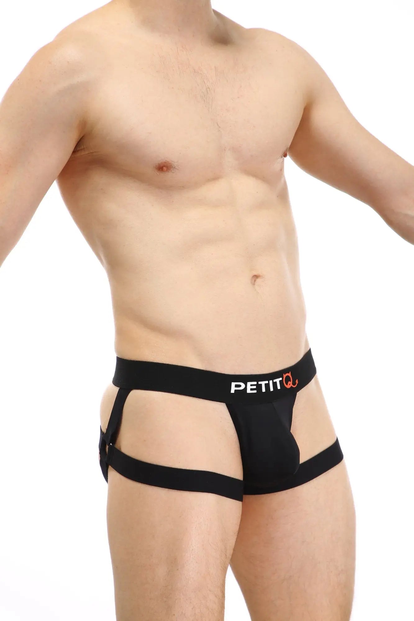 Black petitq jockstring seyre men’s briefs with supportive contoured design and side straps in black color