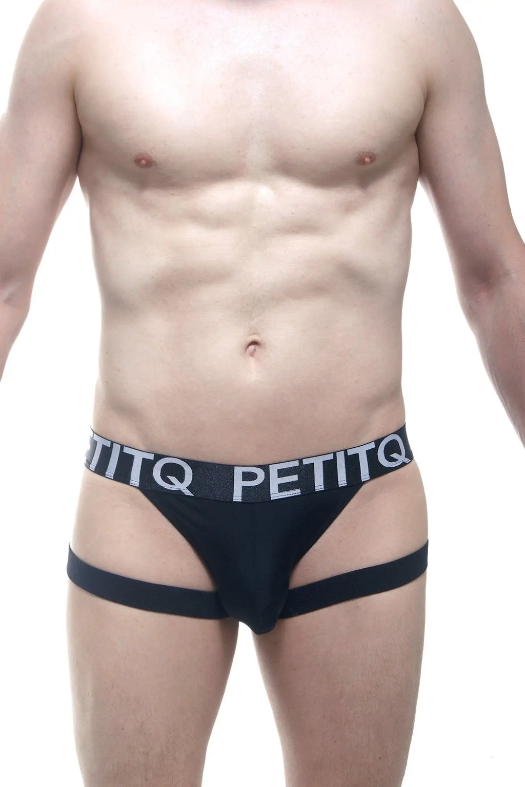 Black petitq jockstring briefs with a contrasting white logo waistband band ideal for everyday comfort