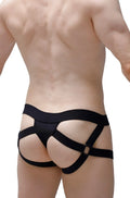 Black sleek form-fitting harness style underwear with multiple straps for a bold modern look by PetitQ jockstring Seyre
