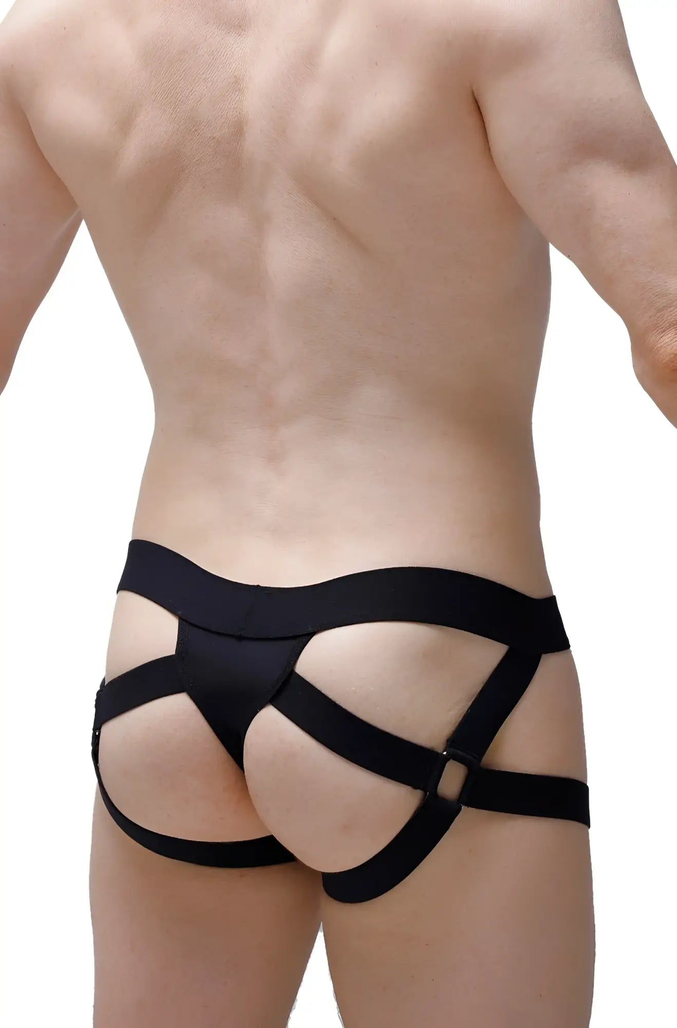 Black sleek form-fitting harness style underwear with multiple straps for a bold modern look by PetitQ jockstring Seyre
