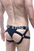 Black strappy men’s briefs with petitq logo waistband in the petitq jockstring seyre black style