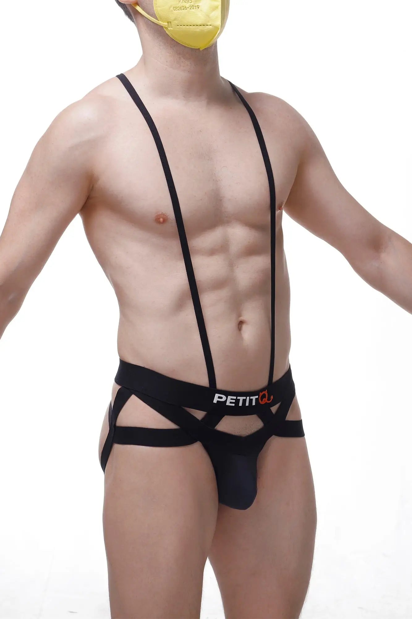 Black petitq men’s strappy jockstring briefs with crisscross design and elastic waistband for comfortable support