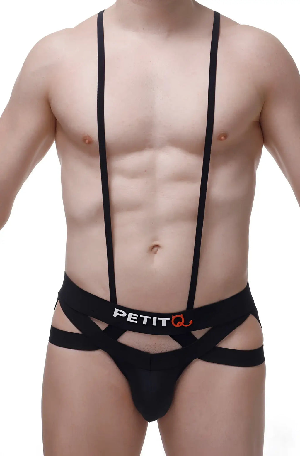 Black petitq jockstring suspenbust briefs with suspender style and crisscross straps in a sleek form fitting design