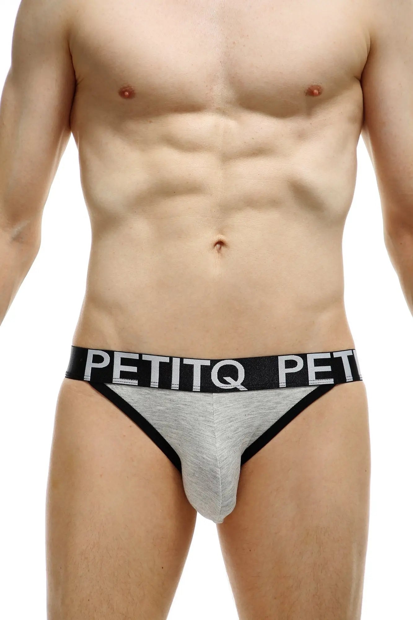 Gray and black petitq men’s briefs with bamboo fabric and textured waistband featuring brand name in white lettering