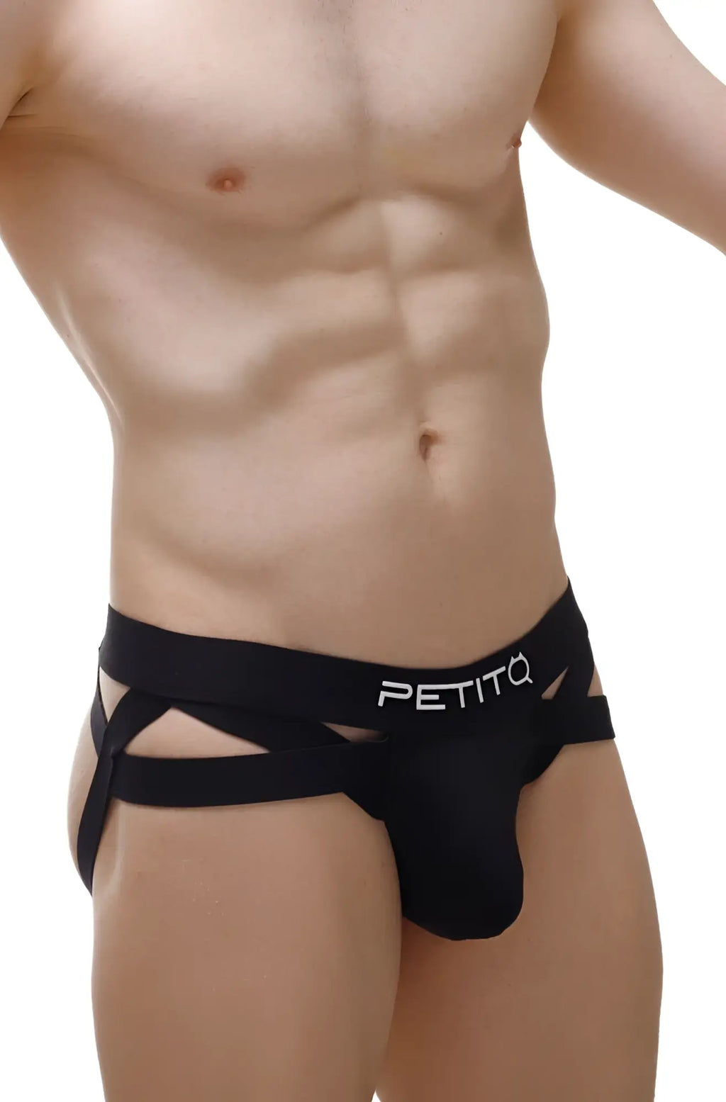 Black petitq jockthong bost briefs with sleek form-fitting design and distinctive crisscross straps front view