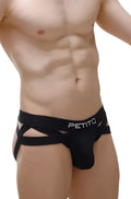 Black petitq jockthong bost briefs with sleek form-fitting design and distinctive crisscross straps front view