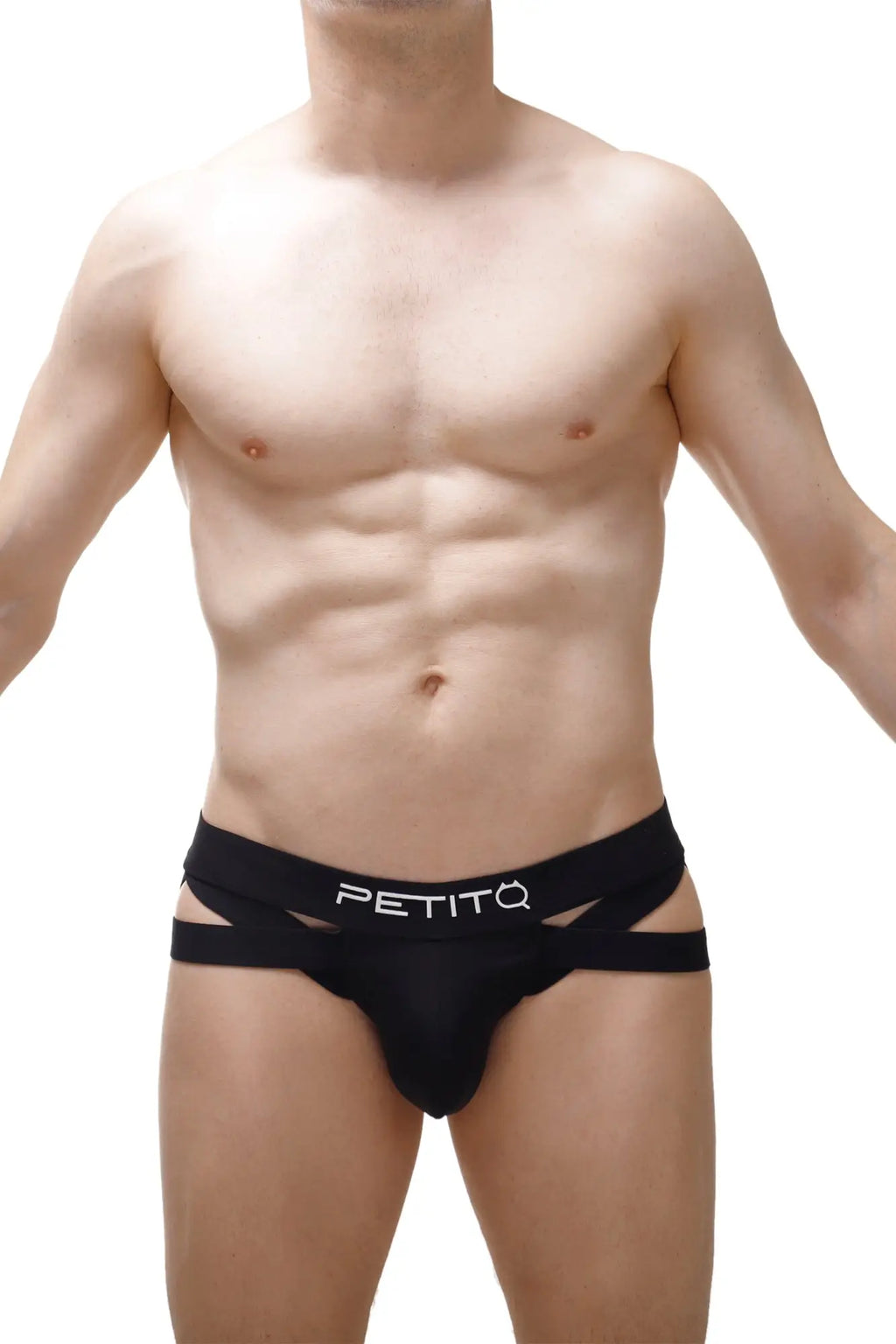Black petitq jock thong briefs with sleek modern design and cut-out side panels in breathable fabric