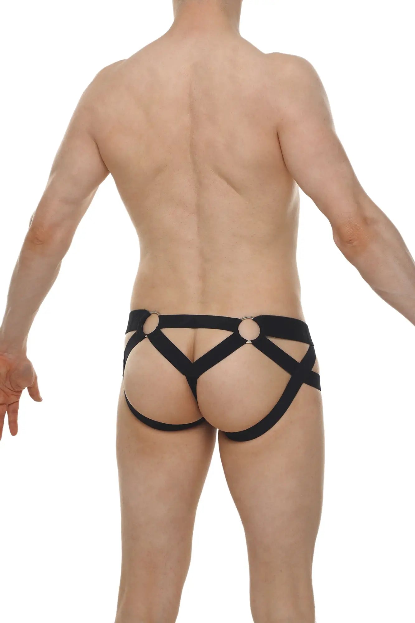 Black harness-style jock thong briefs with crisscross design and metal rings in bost lace fabric, back side view