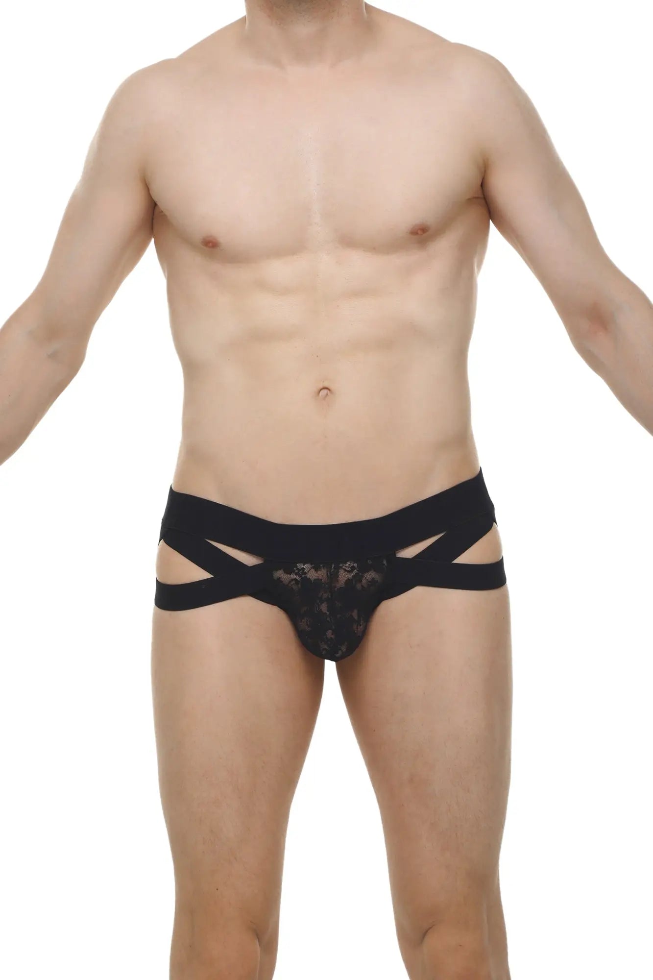Black lace jock thong with crisscross side straps showing back view in bold black lace material