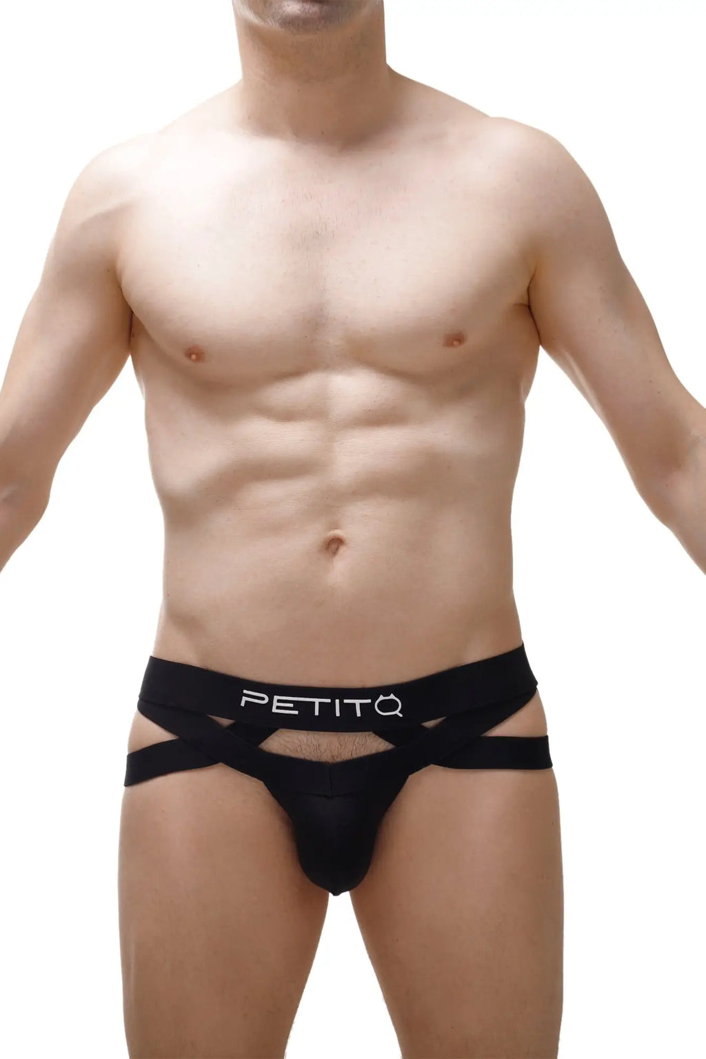Black petitq briefs with crisscross design and white logo waistband shown from back in petitq jockthong bust 2023
