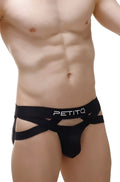 Black petitq men’s briefs with crisscross design and elastic waistband shown from the back in petitq jockthong bust 2023