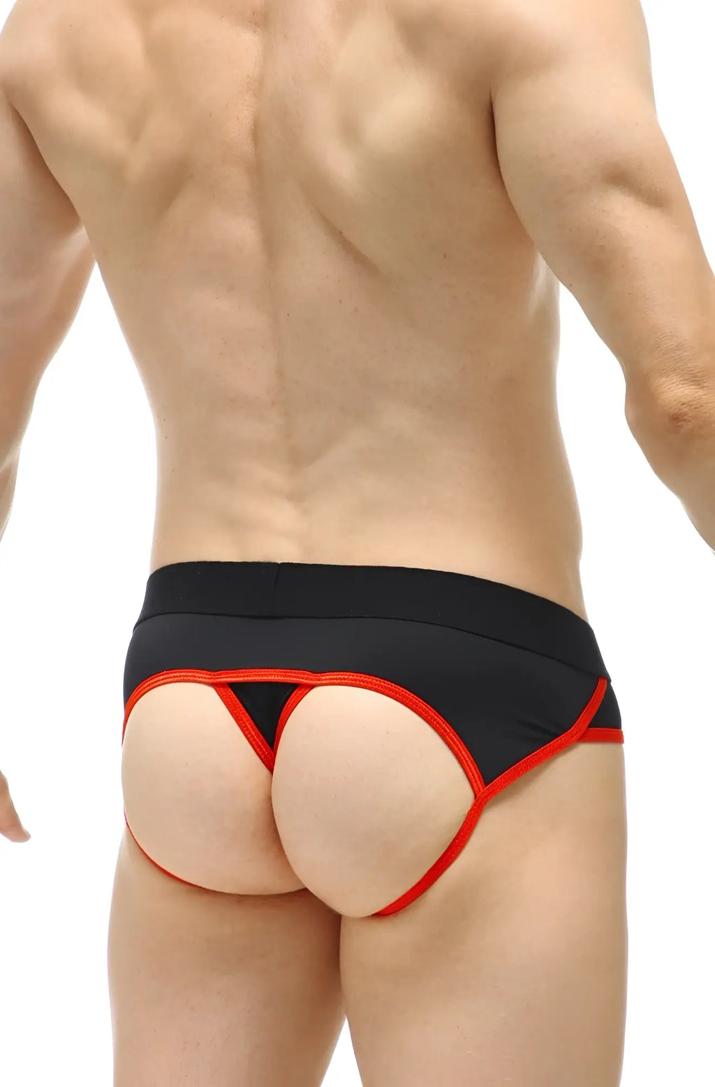 PetitQ jockthong elne black athletic briefs in black and red with bold contrasting trim for active wear