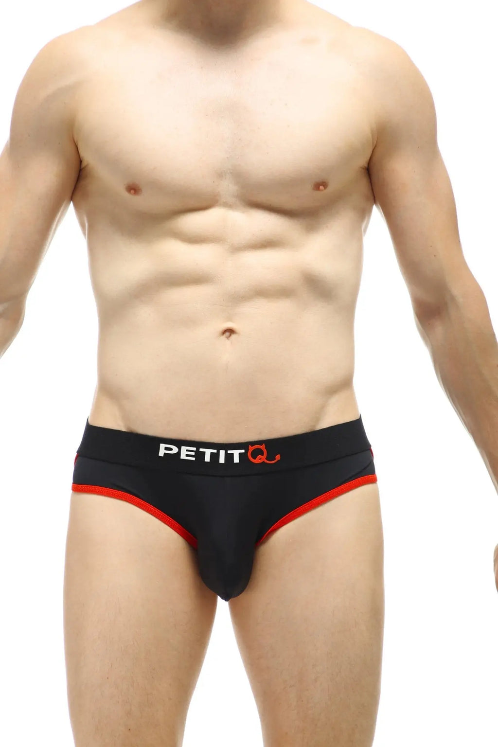 Black petitq jock thong briefs with red trim and white logo designed for comfort and support
