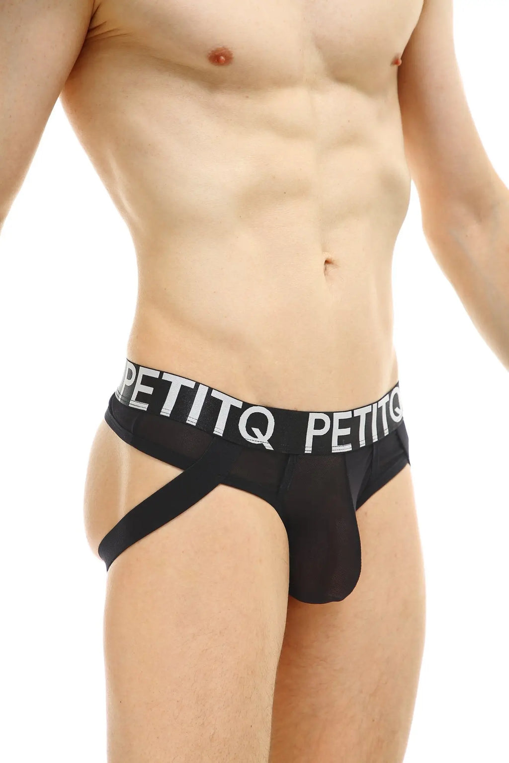 Black petitq jock thong net briefs with white logo band and side straps showing the back side of the product