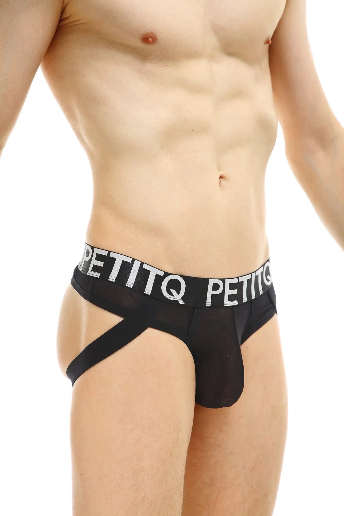 Black petitq jock thong net briefs with white logo band and side straps showing the back side of the product