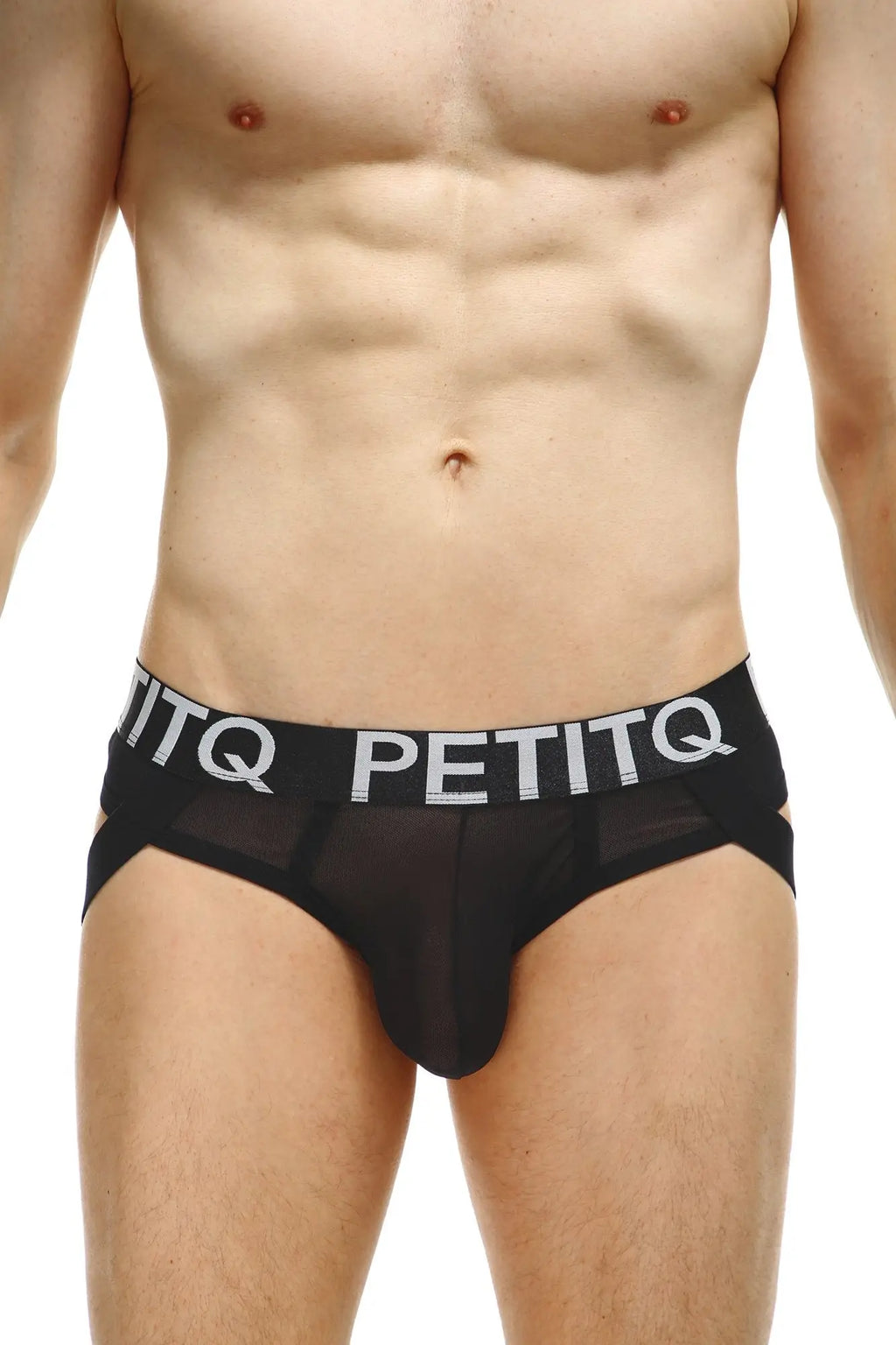 Black mesh briefs with a bold white petitq logo band from petitq jockthong net black collection