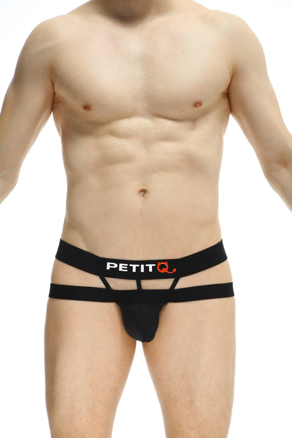 Black petitq jockthong rider bost men’s briefs with two horizontal straps and elastic waistband front view