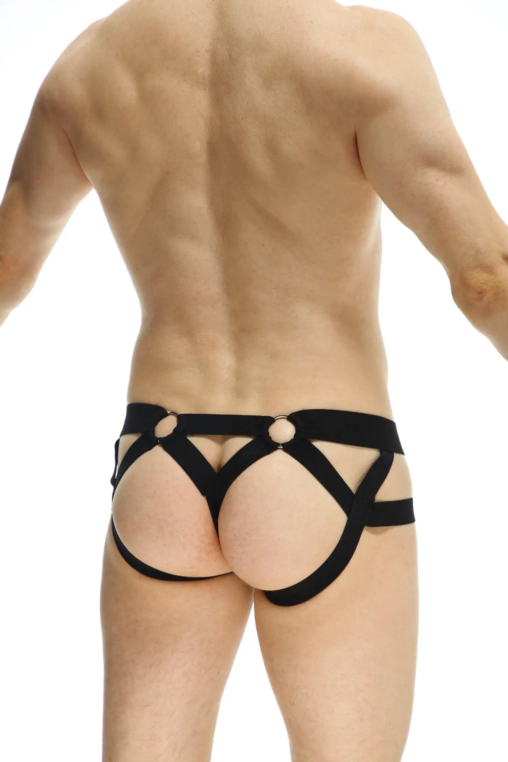 PetitQ jockthong rider bost black harness underwear with crisscross straps and circular metal rings at front